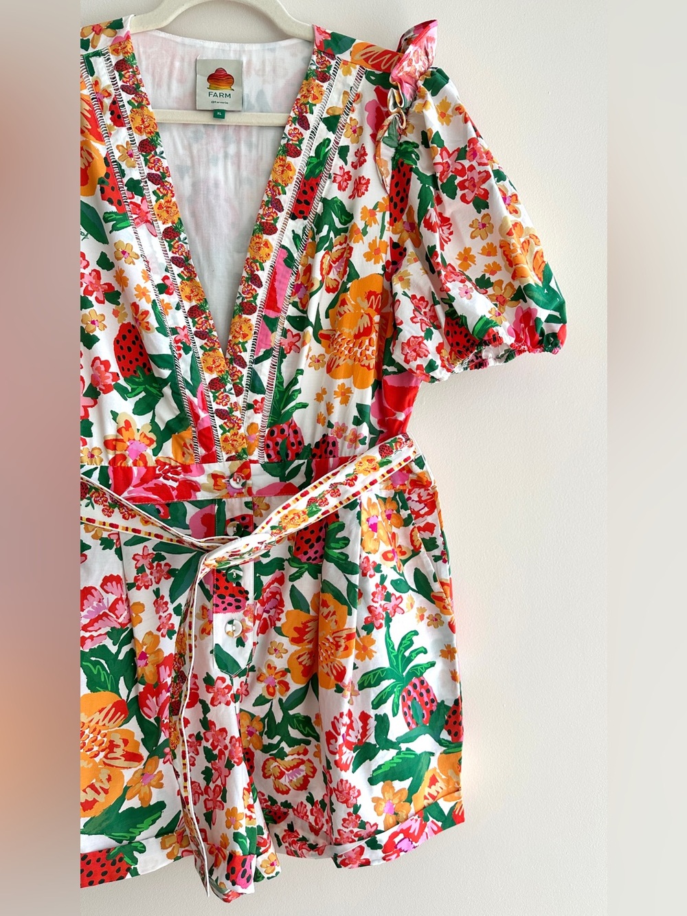 Farm Rio Flowerful Sketch Romper, Size XL, Summer Strawberry Print - Picture 6 of 16